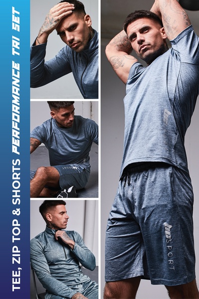A 2:3 vertical ad featuring three distinct lifestyle shots of a male model wearing a zip-up performance top and matching shorts.